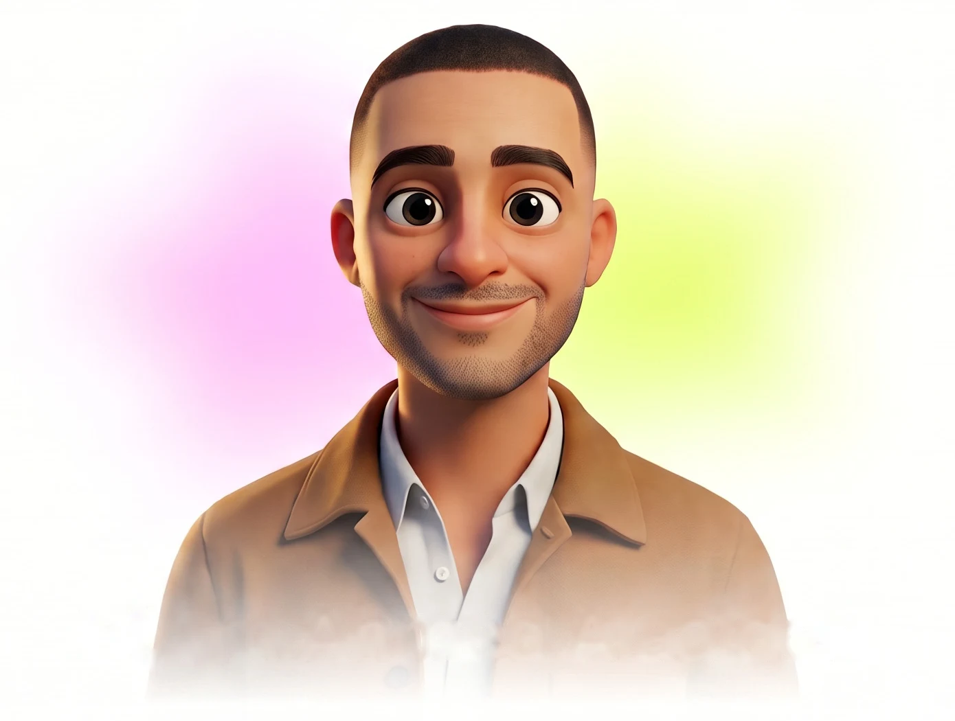 3D cartoon avatar of Ahmed Alaalden, smiling, in a tan jacket and white shirt