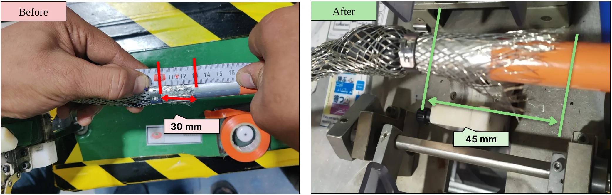 Battery-side shield: before / after, cut 180 → 165 mm